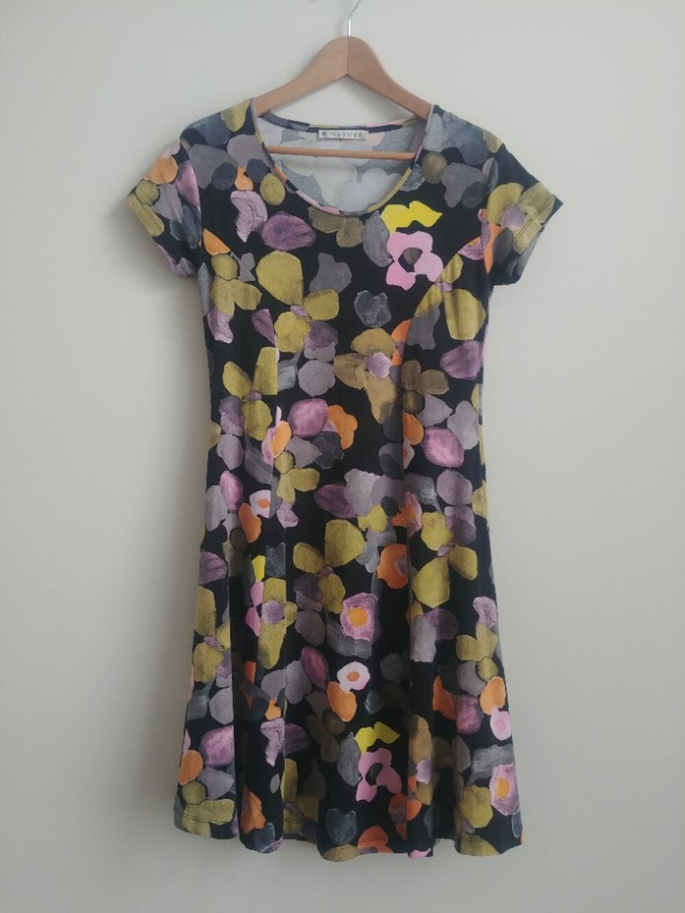 Mansted Medium cotton modal stretch swing flare short sleeve black floral dress